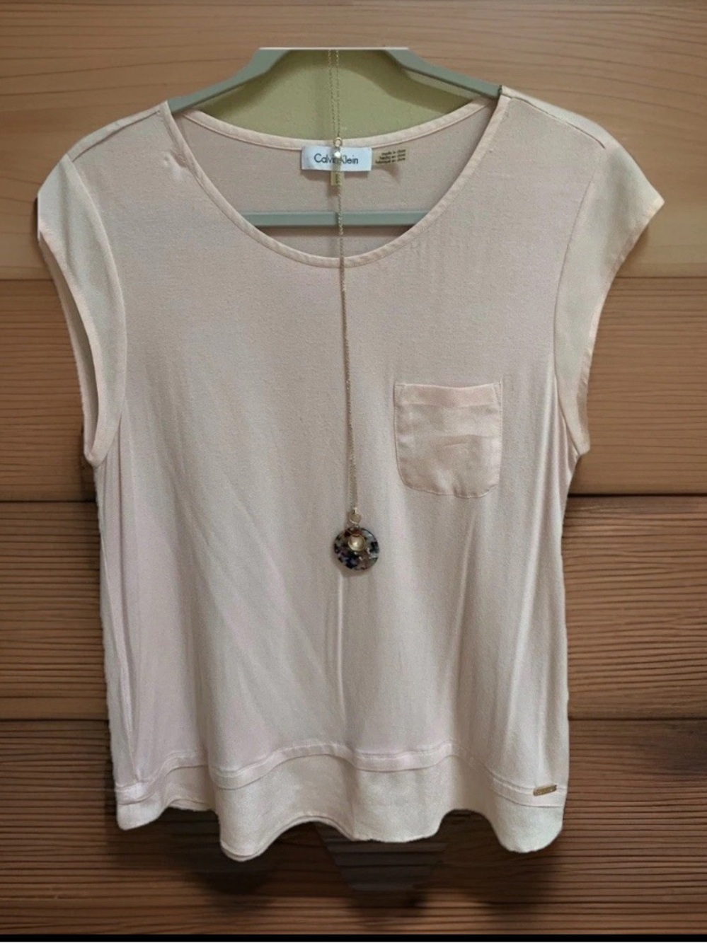 Calvin Klein Pale Pink Cap Sleeve Chest Pocket Stretch Top Sz M